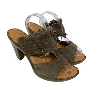 Born Kassidy Size 9 Suede Leather Platform Heels Boho Sandals Fringe Studded